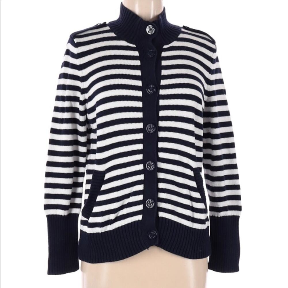 Talbots blue white stripe nautical preppy button cardigan sweater medium